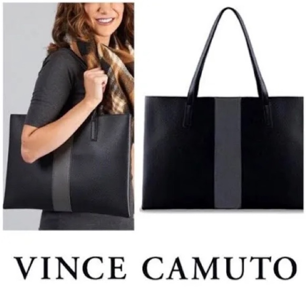 NEW VINCE CAMUTO  Black & Gray Tote Bag LUX VEGAN LEATHER 17 x 12 w Dustbag - Picture 5 of 11